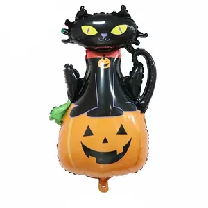 Halloween black cat on orange pumpkin balloon made of reflective aluminum foil
