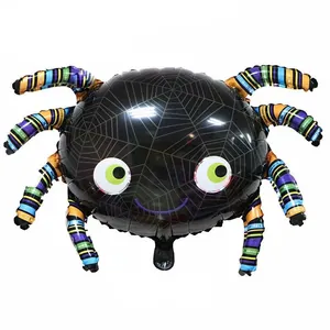Black spider foil balloon with colorful striped legs and green eyes for party decoration