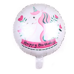 Ballon rond en aluminium blanc avec motif licorne rose et texte Happy Birthday