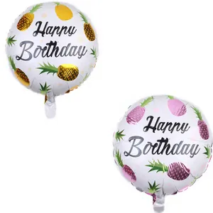Détail de ballons Happy Birthday 18 pouces avec motifs ananas dorés et violets