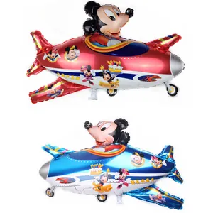 Detail of red and blue airplane foil balloons featuring cartoon characters for parties
