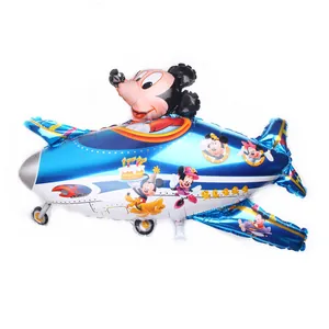 Close-up of airplane-shaped foil balloon with colorful cartoon characters for birthday parties