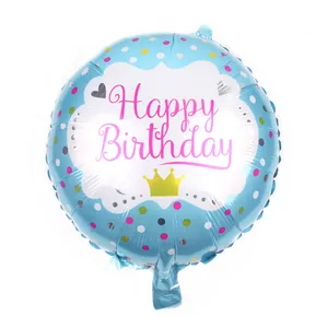 Palloncino Happy Birthday azzurro in alluminio con pois colorati e icona corona