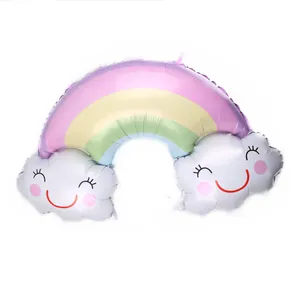 Detailed close-up of rainbow and smiling cloud foil balloon for party decoration