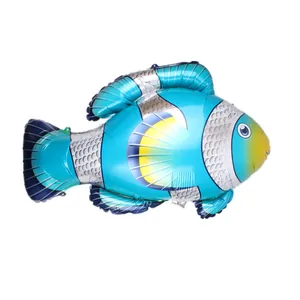 Blue tropical fish foil balloon with silver scales and yellow fins for party decoration