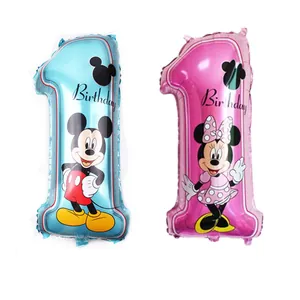 Blue and pink number 1 foil balloons with Disney Mickey and Minnie Mouse for birthday