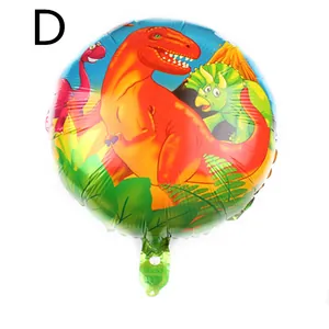 Detail of 18 inch round dinosaur foil balloon featuring a vibrant T-Rex and volcano scene