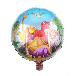 Detail view of round dinosaur foil balloon with T-Rex and forest graphics for parties