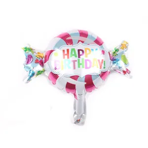 Lollipop shaped aluminum foil balloon with rainbow Happy Birthday text and stripes