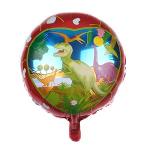 Detail of 18 inch round dinosaur foil balloon with red border and glossy metallic finish