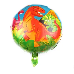 18-inch round dinosaur foil balloon with colorful T-Rex and volcano jungle theme print