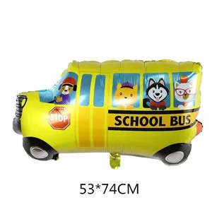 Détail du ballon en aluminium bus scolaire jaune avec animaux et taille de 53*74cm