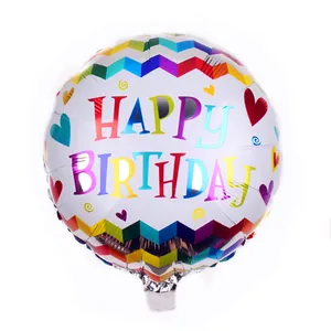 Detail of round foil birthday balloon with colorful Happy Birthday text and hearts