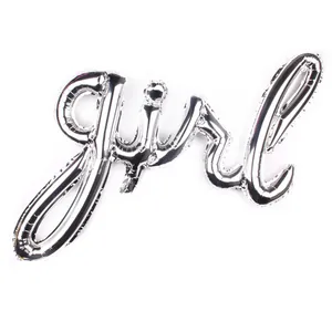 Detailed close-up of a silver script girl cursive foil balloon for party decoration