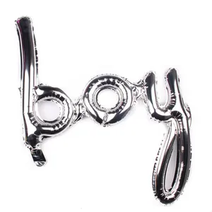 Detail of silver metallic boy script foil balloon for birthday party decorations