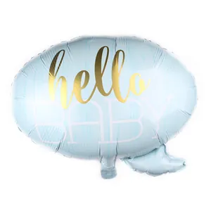 Light blue speech bubble balloon with hello BABY text for kids birthday party decor
