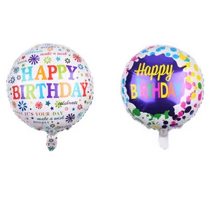 Detail of round foil birthday balloons with Happy Birthday print and purple gradient pattern