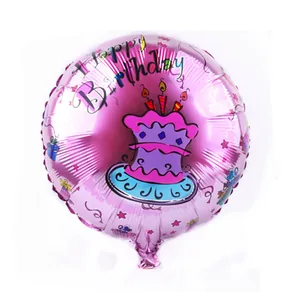 Detail of pink round foil balloon with Happy Birthday text and cake graphic for party decor