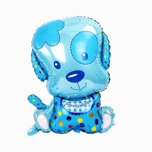 Close-up of blue cartoon dog foil balloon with polka dots and lovely dog text print