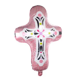 Ballon en aluminium en forme de croix rose et blanc avec motifs floraux pour baptême
