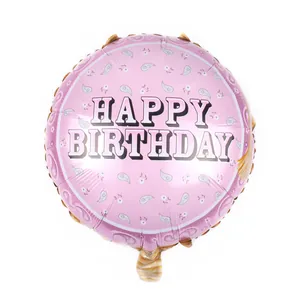 Detail of 18-inch pink round foil balloon with Happy Birthday text and paisley pattern