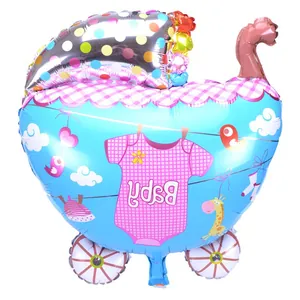 Detailed view of stroller shaped foil balloon with cute giraffe and baby patterns