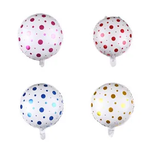 Detailed set of 18 inch round polka dot foil balloons in pink, red, blue, and gold colors