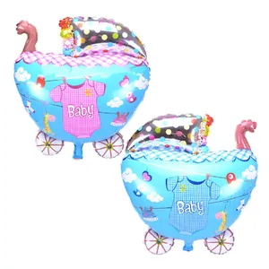 Detail of baby stroller foil balloons with Baby lettering for birthday party decoration