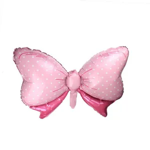 Ballon en aluminium rose en forme de nœud avec pois blancs pour fête de bébé