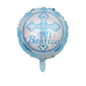 Ballon en aluminium Mi Bautizo bleu et argenté avec croix pour cérémonie de baptême