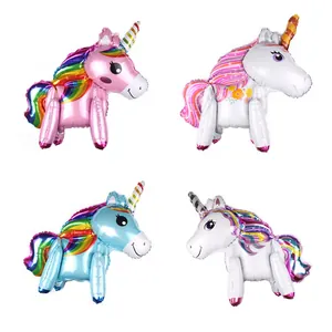Detail view of 3D rainbow unicorn foil balloons in four different colorful designs