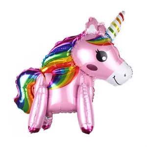 3D rainbow unicorn foil balloon with pink body and colorful metallic mane for birthday