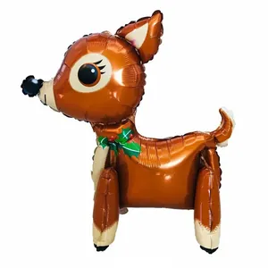 Detailed view of 3D cartoon reindeer foil balloon with festive holly leaves and red berries