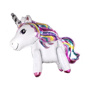 Detail of 3D rainbow unicorn foil balloon showing its metallic texture and colorful mane