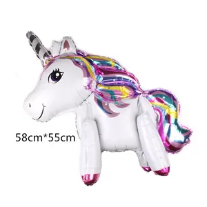 Detailed view of a 3D rainbow unicorn foil balloon with dimensions of 58cm by 55cm