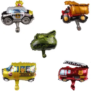 Set of mini transportation balloons including police car, tank, school bus and fire truck
