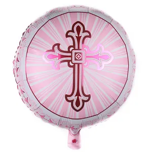 Ronde aluminiumfolie ballon met roze kruis voor doopfeesten en Pasen decoratie