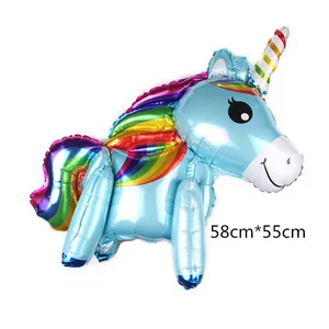 Close-up of 58cm*55cm pastel blue unicorn foil balloon with rainbow mane and metallic finish