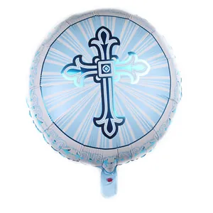 Blauwe en witte ronde folieballon met sierlijk kruis voor doopfeest en Pasen