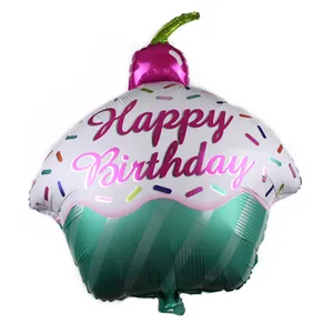 Cupcake shaped foil balloon for birthday party decoration with Happy Birthday print