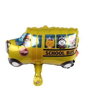 Mini school bus foil balloon with bright yellow cartoon animals for birthday party decor