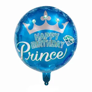 Blue Happy Birthday Prince foil balloon with crown and jewel pattern for party decoration
