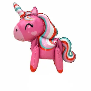 3D standing pink unicorn foil balloon with rainbow mane for birthday party decorations