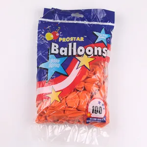 Detail of 100-pack orange latex balloons in clear biodegradable packaging for parties