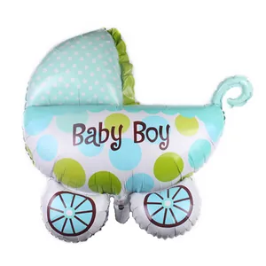 Détail du ballon en aluminium landau bleu et vert avec texte Baby Boy pour les fêtes
