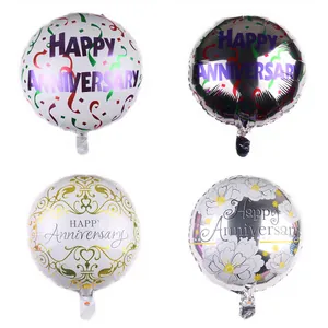 Detailed four-pack of 18-inch Happy Anniversary foil balloons in diverse metallic styles