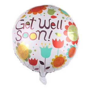 18 inch round Get Well Soon floral balloon with colorful flowers on a white background