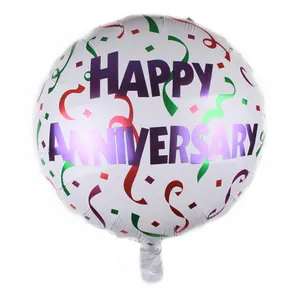 18-inch white round Happy Anniversary foil balloon with colorful confetti and ribbons