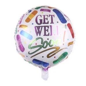 18-inch Get Well Soon balloon featuring colorful gradient text and band-aid patterns