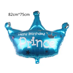 Ballon couronne bleu Happy Birthday Prince en aluminium de taille 82cm par 75cm